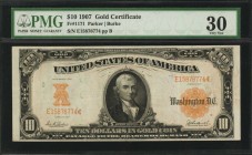 Gold Certificates

Fr. 1171. 1907 $10 Gold Certificate. PMG Very Fine 30.

This Very Fine Gold Certificate offers honey gold overprints and a bold...