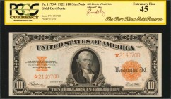 Gold Certificates

Fr. 1173*. 1922 $10 Gold Certificate Star Note. PCGS Currency Extremely Fine 45.

A mid grade offering of this replacement $10 ...