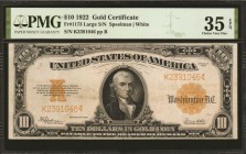 Gold Certificates

Fr. 1173. 1922 $10 Gold Certificate. PMG Choice Very Fine 35 EPQ.

Large serial number variety. Found in an attractive mid grad...