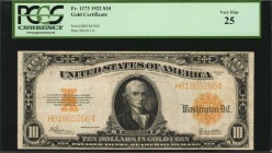 Gold Certificates

Fr. 1173. 1922 $10 Gold Certificate. PCGS Currency Very Fine 25.

A popular Gold Certificate type found here in a Very Fine gra...