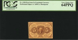 First Issue

Fr. 1228. 5 Cent. First Issue. PCGS Currency Very Choice New 64 PPQ.

Perforated edges. With ABNC monogram. Nearly Gem.

Estimate: ...