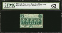 First Issue

Fr. 1310. 50 Cent. First Issue. PMG Choice Uncirculated 63.

Perforated edges. With monogram. Dark green ink and bright paper stand o...