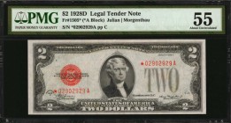 Legal Tender Notes

Fr. 1505*. 1928D $2 Legal Tender Star Note. PMG About Uncirculated 55.

Ruby red overprints and bright paper stand out on this...