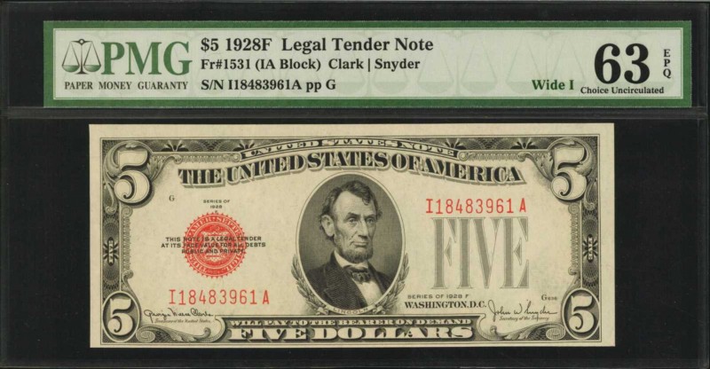 Legal Tender Notes

Fr. 1531. 1928F $5 Legal Tender Note. Wide I. PMG Choice U...