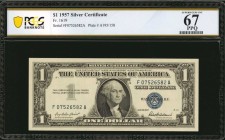 Silver Certificates

Fr. 1619. 1957 $1 Silver Certificate. PCGS Banknote Superb Gem Uncirculated 67 PPQ.

A Superb Gem example of this 1957 Silver...