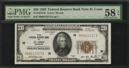 Federal Reserve Bank Notes

Fr. 1870-H. 1929 $20 Federal Reserve Bank Note. St. Louis. PMG Choice About Uncirculated 58 EPQ.

Bright paper, dark i...