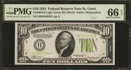 Federal Reserve Notes

Fr. 2004-H. 1934 $10 Federal Reserve Note. St. Louis. PMG Gem Uncirculated 66 EPQ.

This light green seal St. Louis $10 boa...