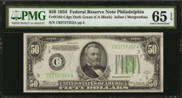 Federal Reserve Notes

Fr. 2102-Cdgs. 1934 $50 Federal Reserve Note. Philadelphia. PMG Gem Uncirculated 65 EPQ.

Dark green seal. A lovely Gem exa...