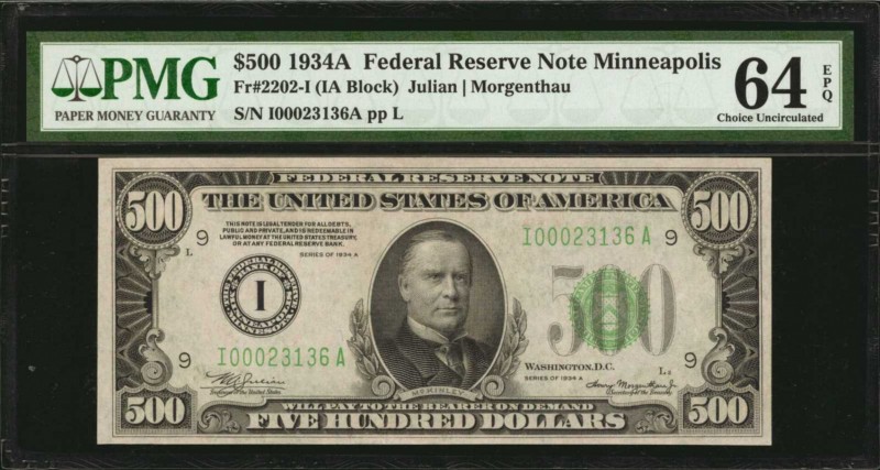 Federal Reserve Notes

Fr. 2202-I. 1934A $500 Federal Reserve Note. Minneapoli...