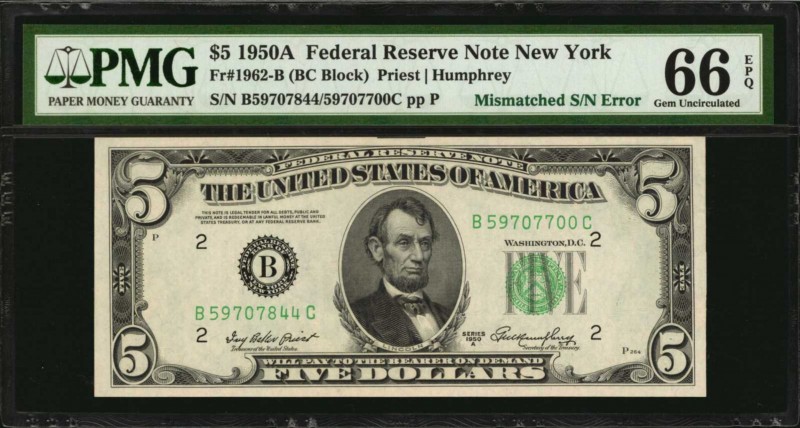 Mismatched Serial Numbers

Fr. 1962-B. 1950A $5 Federal Reserve Note. New York...