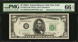 Mismatched Serial Numbers

Fr. 1962-B. 1950A $5 Federal Reserve Note. New York. PMG Gem Uncirculated 66 EPQ. Mismatched S/N Error.

This Gem 1950A...