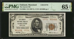 Maryland

Oakland, Maryland. $5 1929 Ty. 2. Fr. 1800-2. The Garrett NB. Charter #13776. PMG Gem Uncirculated 65 EPQ.

Bright paper, good embossing...
