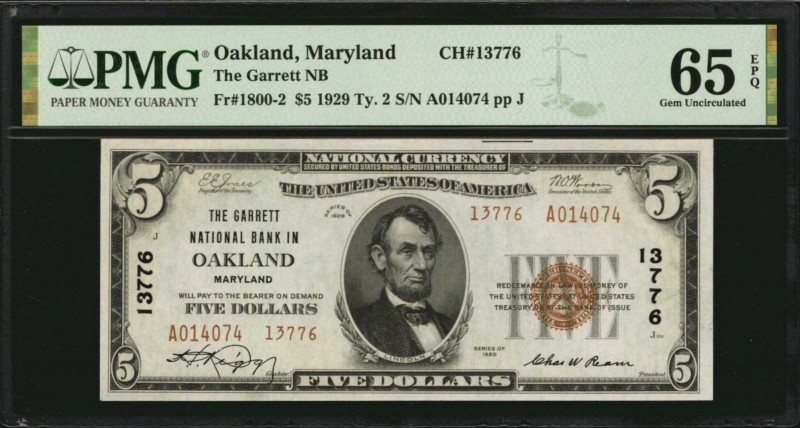 Maryland

Oakland, Maryland. $5 1929 Ty. 2. Fr. 1800-2. The Garrett NB. Charte...