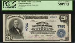 Ohio

Tiffin, Ohio. $20 1902 Plain Back. Fr. 650. The Commercial NB. Charter #7795. PCGS Currency Choice About New 58 PPQ.

Bright paper, purple s...