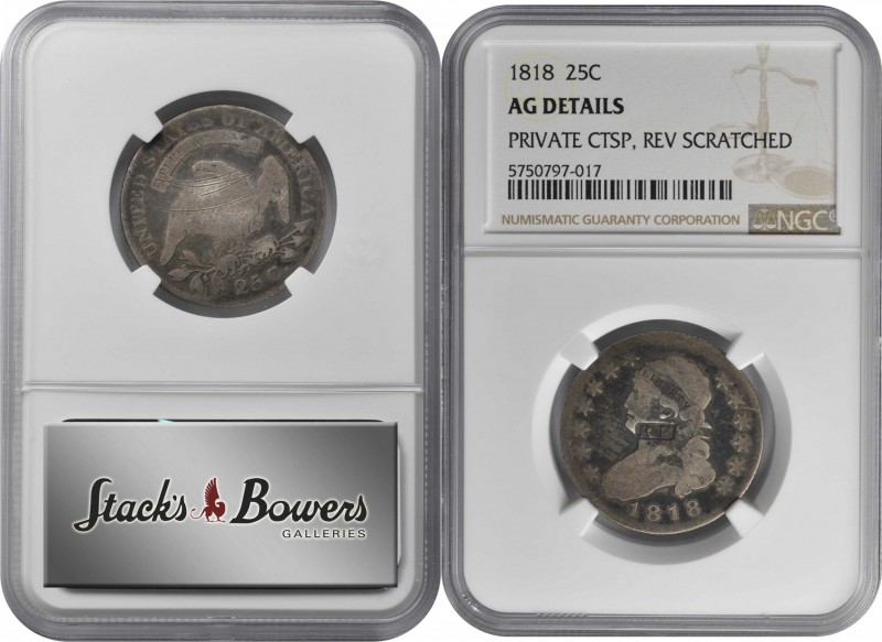 Counterstamps

RF fantasy counterstamp on an 1818 Capped Bust quarter. Brunk-U...