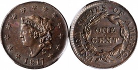 Matron Head Cent

1817 Matron Head Cent. 13 Stars. MS-62 BN (PCGS).

PCGS# 1594. NGC ID: 2252.

Estimate: $ 384