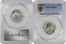 Jefferson Nickel

1945-S Jefferson Nickel. MS-67+ (PCGS).

PCGS# 4027. NGC ID: 22TZ.

Estimate: $ 200