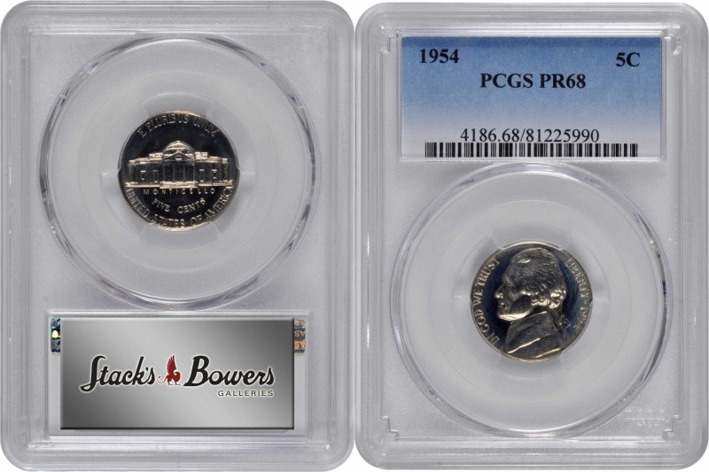 Jefferson Nickel

1954 Jefferson Nickel. Proof-68 (PCGS).

PCGS# 4186. NGC I...