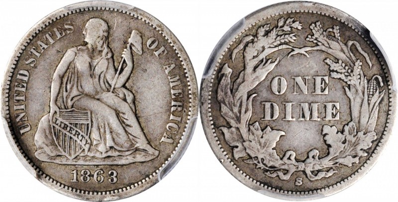 Liberty Seated Dime

1863-S Liberty Seated Dime. VF-35 (PCGS).

PCGS# 4638. ...