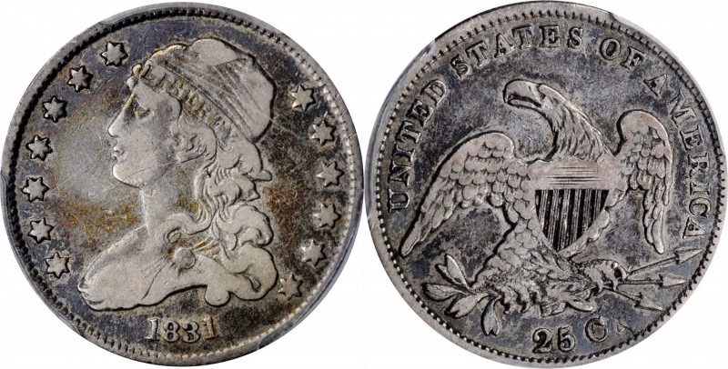 Capped Bust Quarter

1831 Capped Bust Quarter. Large Letters. VF-20 (PCGS).
...