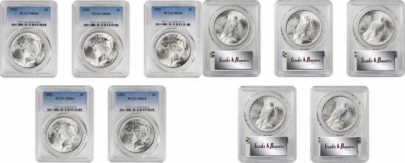 Peace Silver Dollar

Lot of (5) 1922 Peace Silver Dollars. MS-64 (PCGS).

PC...