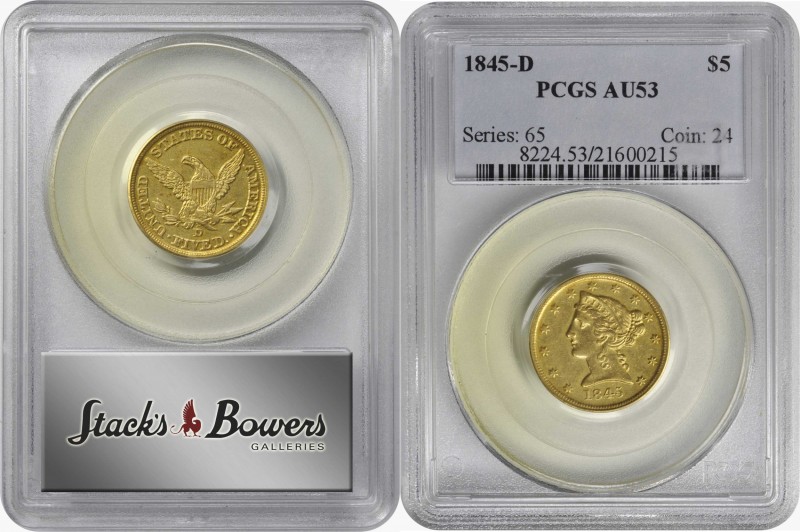 Liberty Head Half Eagle

1845-D Liberty Head Half Eagle. AU-53 (PCGS).

PCGS...