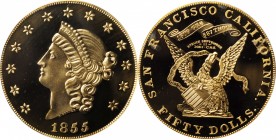Kellogg & Co. $50

"1855" Kellogg & Co. $50. Commemorative Restrike. Struck September 11, 2001. Gem Proof (PCGS).

Ex S.S. Central America Gold.
...