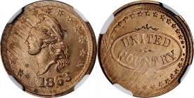 Patriotic Civil War Tokens

1863 French Liberty Head / UNITED COUNTRY. Fuld-1/436 d. Rarity-7. Copper-Nickel. Plain Edge. MS-62 (NGC).

20 mm.

...