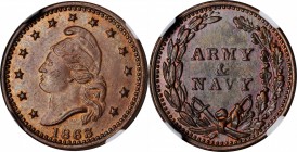 Patriotic Civil War Tokens

1863 French Liberty Head / ARMY & NAVY. Fuld-23/306 a. Rarity-2. Copper. Plain Edge. MS-65 BN (NGC).

19.5 mm.

From...