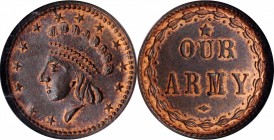 Patriotic Civil War Tokens

Undated (1861-1865) Indian Princess / OUR ARMY. Fuld-51/334 a. Rarity-1. Copper. Plain Edge. MS-65 RB (NGC).

18 mm.
...