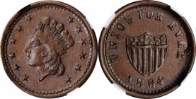 Patriotic Civil War Tokens

1864 Indian Princess / UNION FOR EVER. Fuld-54/343A a. Rarity-6. Copper. Plain Edge. MS-64 BN (NGC).

19 mm.

From t...