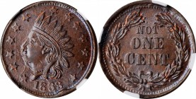 Patriotic Civil War Tokens

1863 Indian Head / NOT ONE CENT. Fuld-86/357 a. Rarity-2. Copper. Plain Edge. MS-65 BN (NGC).

19.5 mm.

From the Ta...