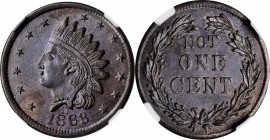 Patriotic Civil War Tokens

1863 Indian Head / NOT ONE CENT. Fuld-87/356 a. Rarity-1. Copper. Plain Edge. MS-65 BN (NGC).

19.5 mm.

From the Ta...