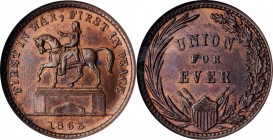 Patriotic Civil War Tokens

1863 Washington Equestrian Statue / UNION FOR EVER. Fuld-174/272 a, Musante GW-639, Baker-477. Rarity-1. Copper. Plain E...