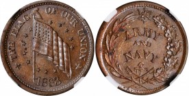Patriotic Civil War Tokens

1863 THE FLAG OF OUR UNION / ARMY AND NAVY. Fuld-206/323 a. Rarity-3. Copper. Plain Edge. MS-64 BN (NGC).

19.5 mm.
...