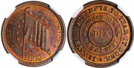 Patriotic Civil War Tokens

1863 THE FLAG OF OUR UNION / DIX. Fuld-207/409 a. Rarity-1. Copper. Plain Edge. MS-65 RB (NGC).

20 mm.

From the Ta...