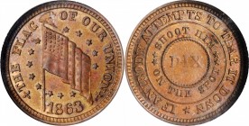 Patriotic Civil War Tokens

1863 THE FLAG OF OUR UNION / DIX. Fuld-208/410 a. Rarity-1. Copper. Plain Edge. MS-64 BN (NGC).

19 mm.

From the Ta...
