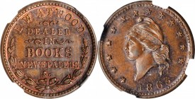 Civil War Store Cards

Connecticut--Bridgeport. 1863 Edward W. Atwood. Fuld-035A-1a. Rarity-3. Copper. Plain Edge. MS-65 BN (NGC).

19 mm.

From...