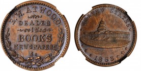 Civil War Store Cards

Connecticut--Bridgeport. 1863 Edward W. Atwood. Fuld-035A-2a. Rarity-3. Copper. Plain Edge. MS-65 BN (NGC).

19 mm.

From...