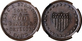 Civil War Store Cards

Michigan--Detroit. Undated (1861-1865) J.D. & C.B. Standish. Fuld-225BY-1a. Rarity-2. Copper. Plain Edge. MS-65 BN (NGC).

...