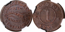Civil War Store Cards

New Jersey--Newark. Undated (1861-1865) J.L. Agens & Co. Fuld-555A-8a. Rarity-3. Copper. Plain Edge. MS-65 BN (NGC).

19 mm...