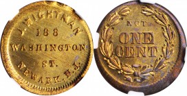 Civil War Store Cards

New Jersey--Newark. Undated (1861-1865) John Wightman. Fuld-555C-10b. Rarity-8. Brass. Plain Edge. MS-66 (NGC).

19 mm.

...