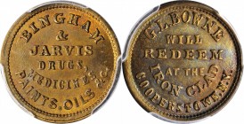 Civil War Store Cards

New York--Cooperstown. Undated (1861-1865) George L. Bowne. Fuld-145B-1b. Rarity-4. Brass. Plain Edge. MS-65 (PCGS).

18 mm...