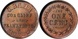 Civil War Store Cards

New York--New York. Undated (1861-1865) Carsten Bahr. Fuld-630C-6a. Rarity-2. Copper. Plain Edge. MS-65 BN (NGC).

19 mm.
...