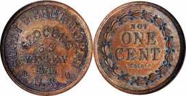 Civil War Store Cards

New York--New York. Undated (1861-1865) Story & Southworth. Fuld-630BV-25a. Rarity-6. Copper. Plain Edge. MS-65 BN (NGC).

...