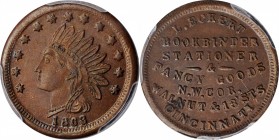 Civil War Store Cards

Ohio--Cincinnati. 1863 Lorenz Eckert. Fuld-165AL-4a. Rarity-5. Copper. Plain Edge. MS-63 BN (PCGS).

19 mm.

From the Tam...