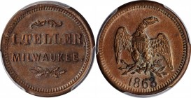 Civil War Store Cards

Wisconsin--Milwaukee. 1863 I. Teller. Fuld-510AO-2a. Rarity-4. Copper. Plain Edge. MS-64 BN (PCGS).

19 mm.

From the Tam...