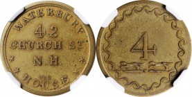 Early American Tokens

Connecticut--New Haven. Undated Waterbury House. Rulau-E Conn 27. Rarity-7. Brass. Plain Edge. MS-62 (NGC).

20 mm.

From...
