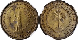 Merchant Tokens

South Carolina--Charleston. 1846 W.W. Wilbur. Miller-SC 9. Brass. Plain Edge. AU-53 (NGC).

29 mm.

From the Tampa Bay Collecti...