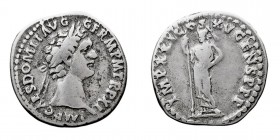 IMPERIO ROMANO
DOMICIANO
Denario. AR. R/IMP. XXI COS. XV CENS. P.P.P. Minerva estante a la izq. 3,34 g. RIC.156. MBC